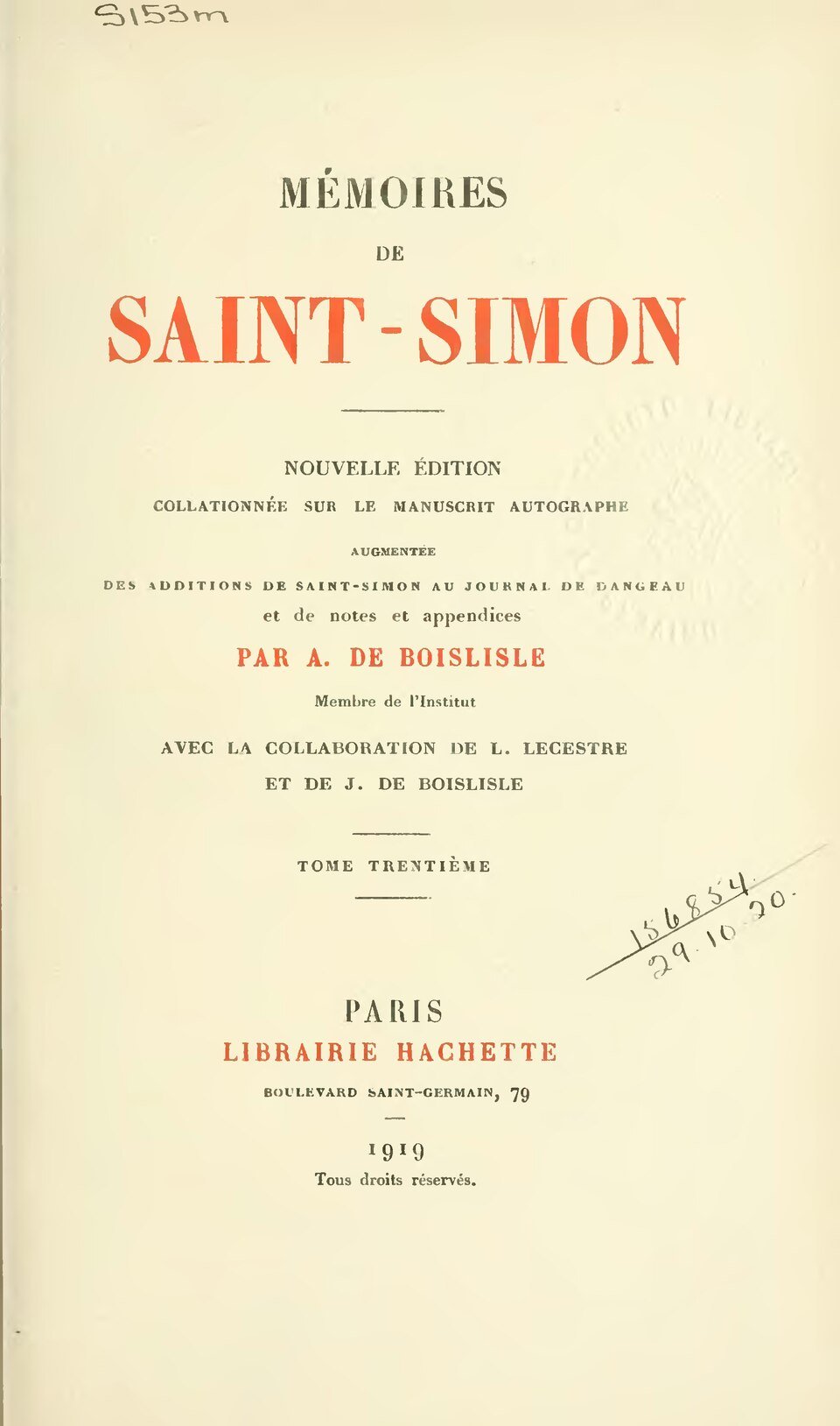 Boislisle edition (Hachette, “Les Grands Écrivains de la France”), vol. XXX, 1919: the title page