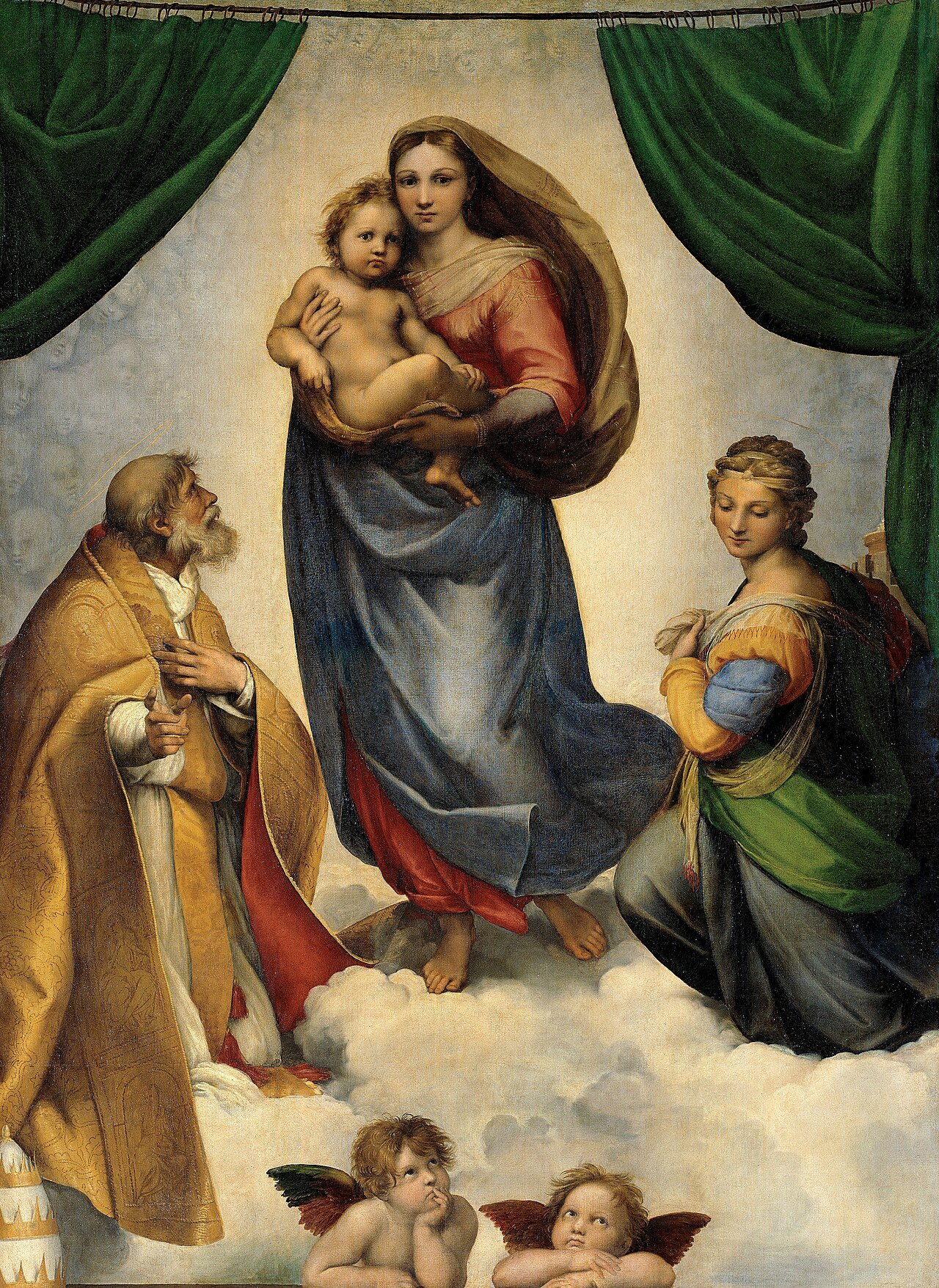 The Sistine Madonna (c. 1513–1514), Dresden — its two cherubs now postcard icons — Wikimedia Commons.