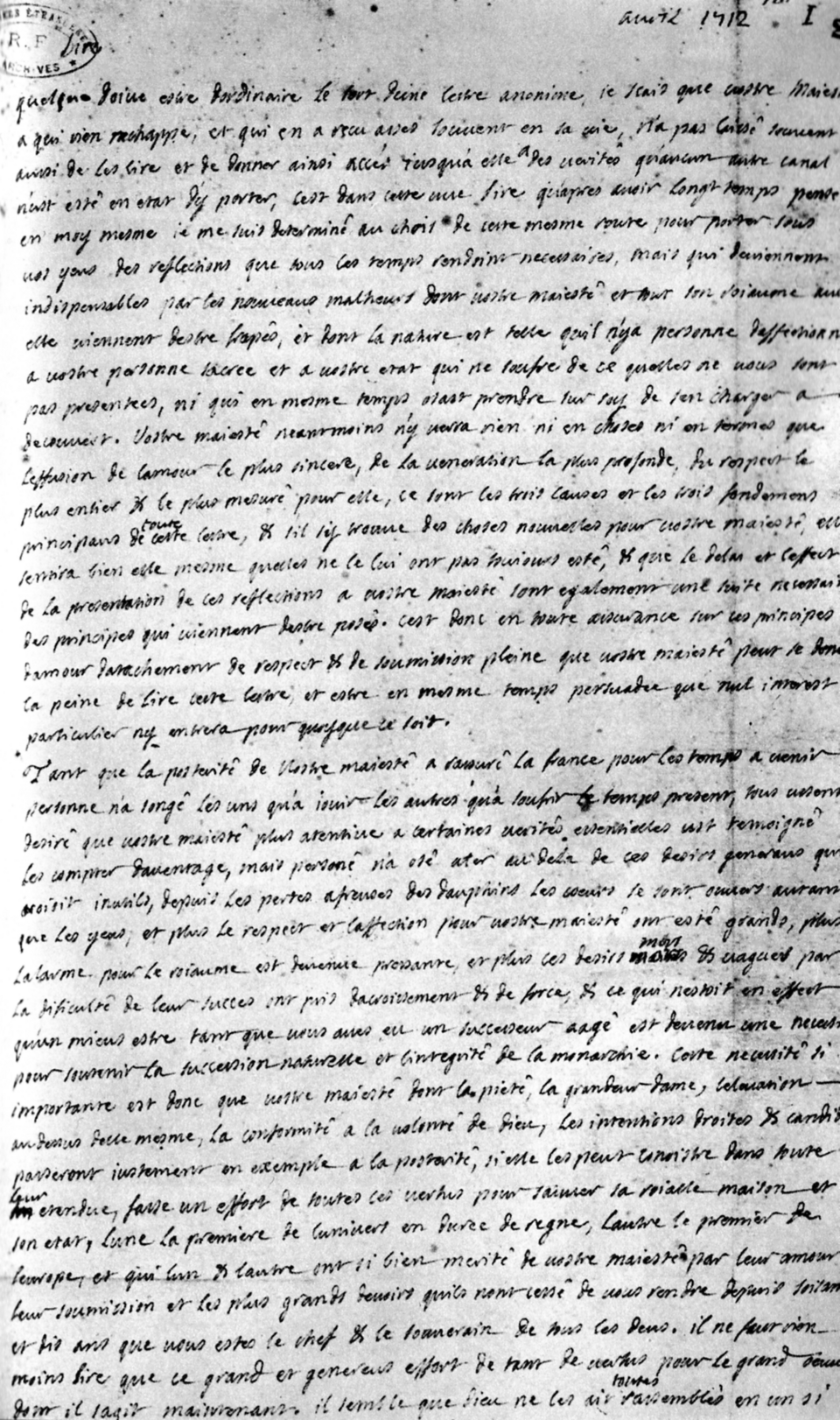 La lettre anonyme au roi, de la main de Saint-Simon (avril 1712)