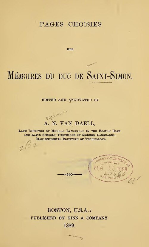 Pages choisies, éd. A. N. van Daell (Boston, Ginn, 1889) : une édition scolaire américaine