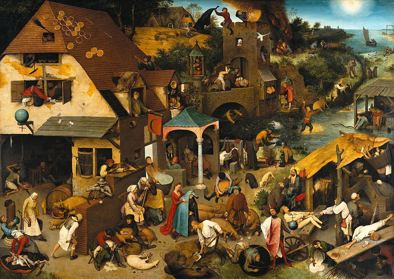 Les Proverbes flamands (1559), Berlin : plus de cent dictons en un village — Wikimedia Commons.