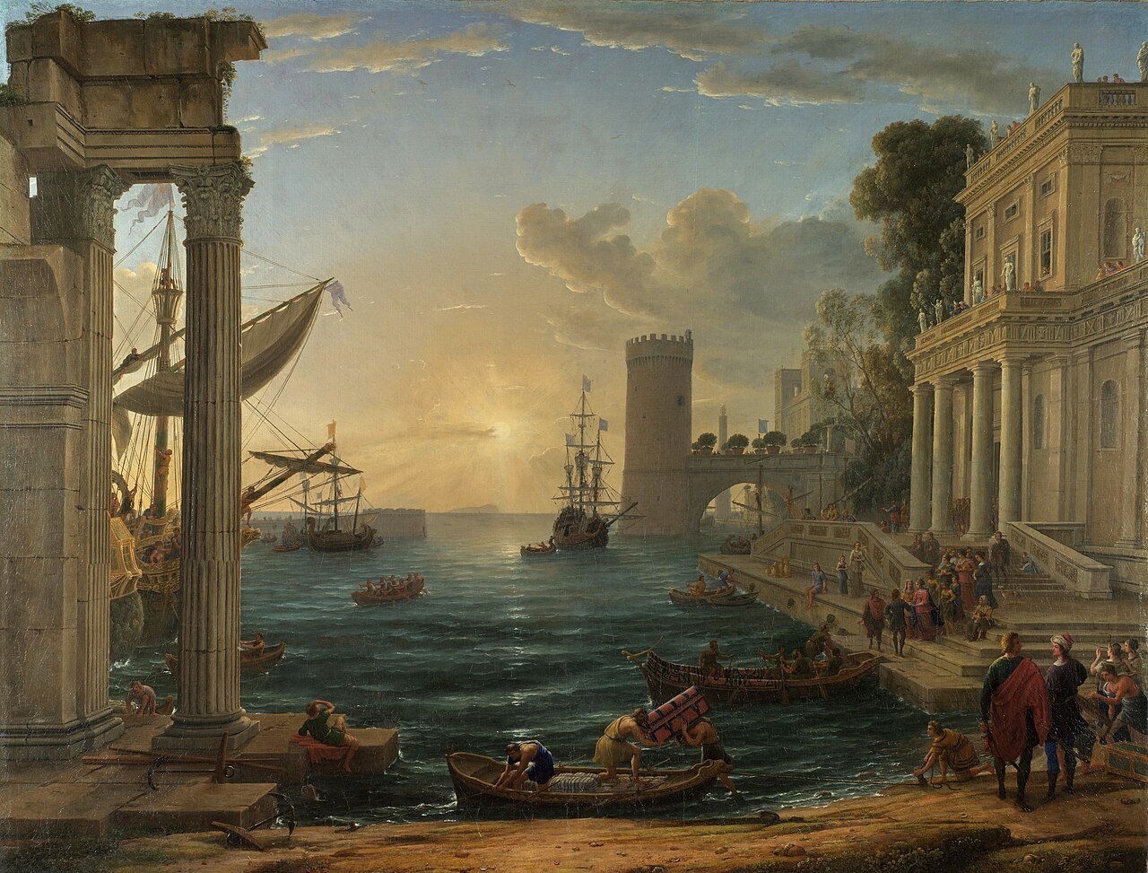 L'Embarquement de la reine de Saba (1648), National Gallery — le soleil regardé en face — Wikimedia Commons.