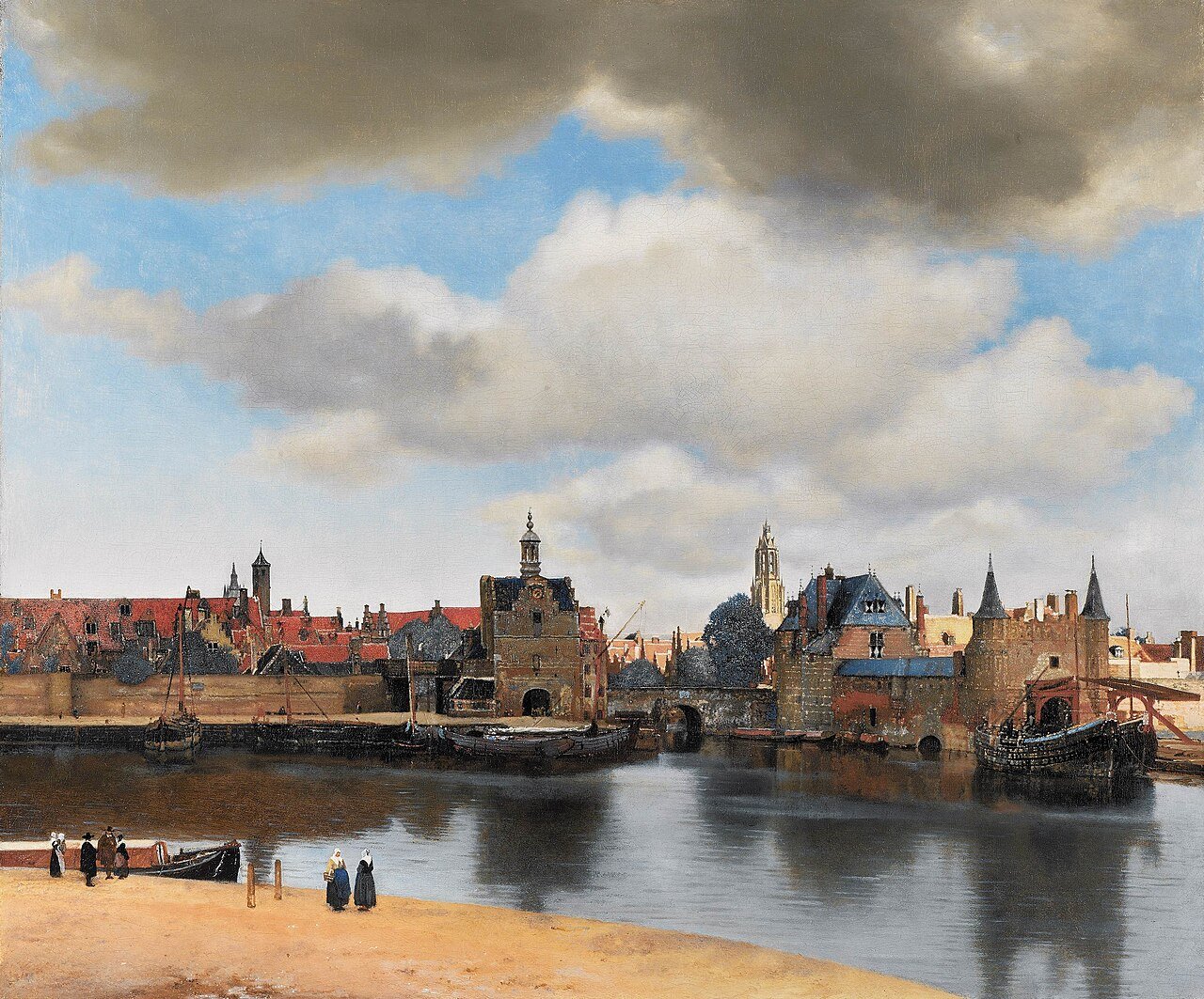 Vue de Delft (c. 1660–1661), Mauritshuis — avec, à droite du pan de toit, le « petit pan de mur jaune » de Proust — Wikimedia Commons.